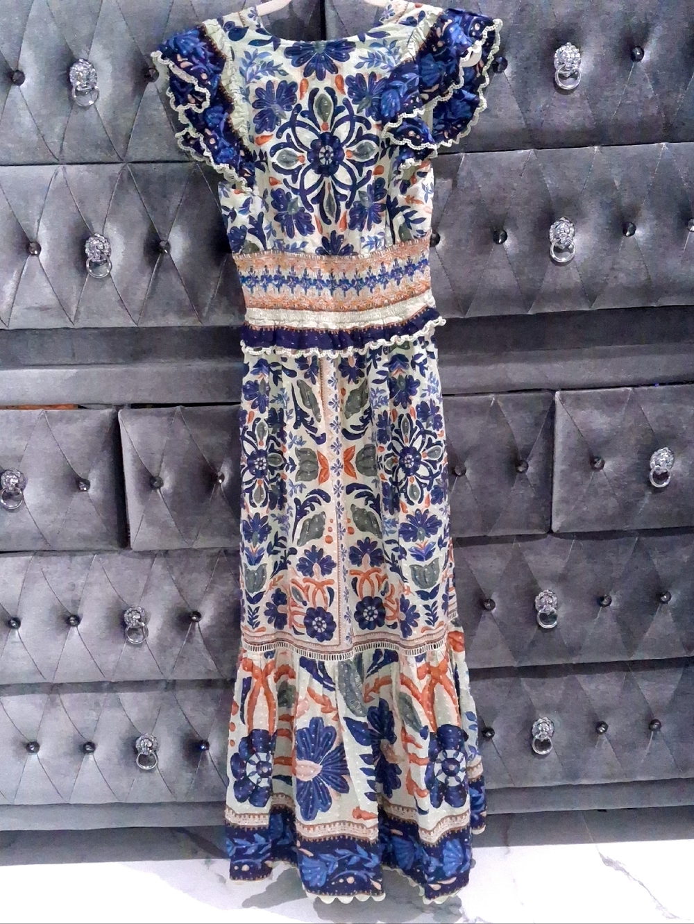Farm Rio Ocean Tapestry cotton maxi dress XS Floral Bohemian Embroidered Ruffles - Picture 17 of 17